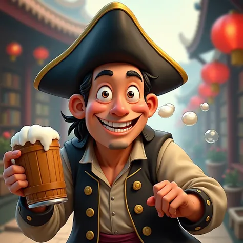 An Asian man with narrowed eyes dressed as a pirate in a conical Chinese hat holds a wooden mug of beer in his hand, bubbles are blowing from his mouth, in cartoon style