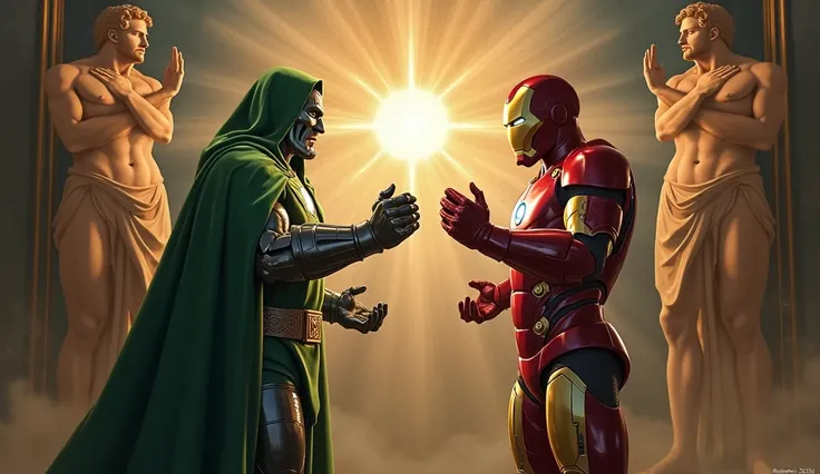 Doctor doom and iron man  micheal angelo creation of adam post