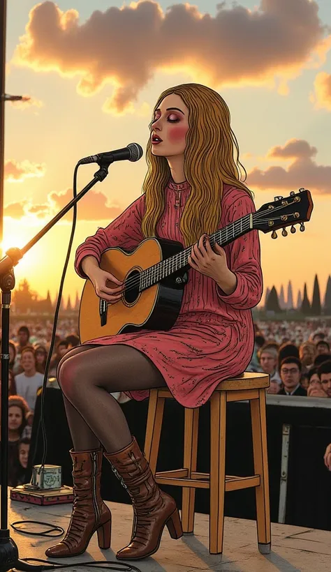 A long-haired woman performing an acoustic rock ballad on an outdoor stage during sunset. She sits on a stool, strumming her guitar and singing into a microphone, with a serene yet intense expression.