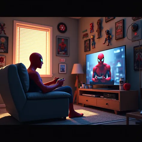 Create a realistic and detailed digital artwork of a superhero resembling Spider-Man relaxing in a cozy, dimly lit room. The superhero is sitting on a couch, holding a video game controller, and playing a video game featuring his own character displayed on...