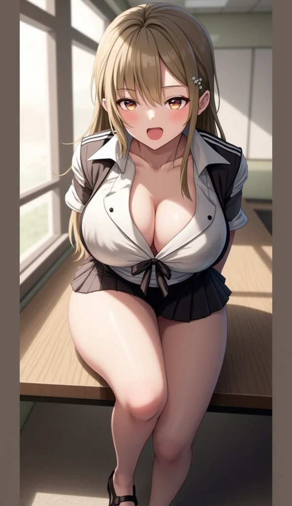 High school girl with large breasts,  thick thighs , low-cut short sleeve blouse,  Very short miniskirt , excited, blonde