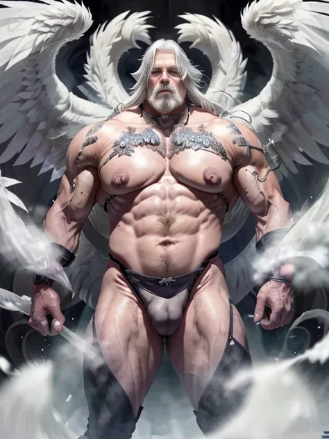 ((      Hyperrealistic image   )) man with the head of an old white-haired bear    , a big gray moustache shaped like a handlebar        , Bare and hairy chest,         bodybuilder over 80 years old who weighs more than 200 kg    , with huge saggy breasts ...