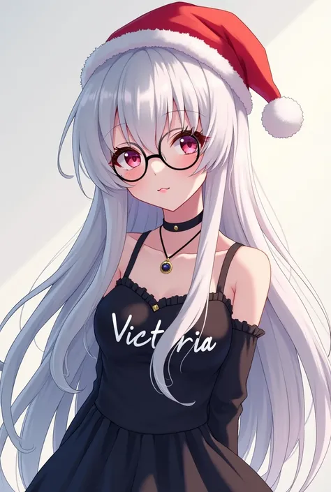  Beautiful girl with long wavy white hair , black dress with the name Victoria on the chest with a Christmas cap, That she wears glasses and that its an anime photo  