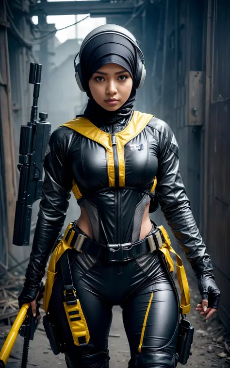 RAW, (Best quality, high resolution, work: 1.3), perfect lighting, 8k, Beautiful Malay woman in hijab, perfect fit body, ((wearing racing suit likes police uniform, black and grey mecha, wearing high-tech headset, military harness, cloths colored base on b...