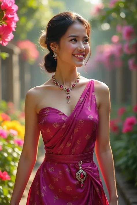 ((masterpiece)),upper body : lady Nang Kwak, Thai girl in a traditional Thai dress, magenta, with a fine pattern. ,Beautiful smile, Take a walk and admire beautiful, colorful flowers. ,The face is beautiful, sharp and realistic., Big, beautiful breasts, Hi...