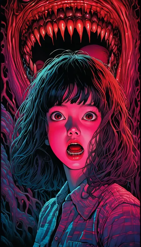 An illustration、art、80s horror movie posters, Supervised by Junji Ito、High detail, Realistic Shadows、Analog Style, chromatic aberration, Surrealism、Complementary Gradient letter for title "Horror Comics from @Odon_69"