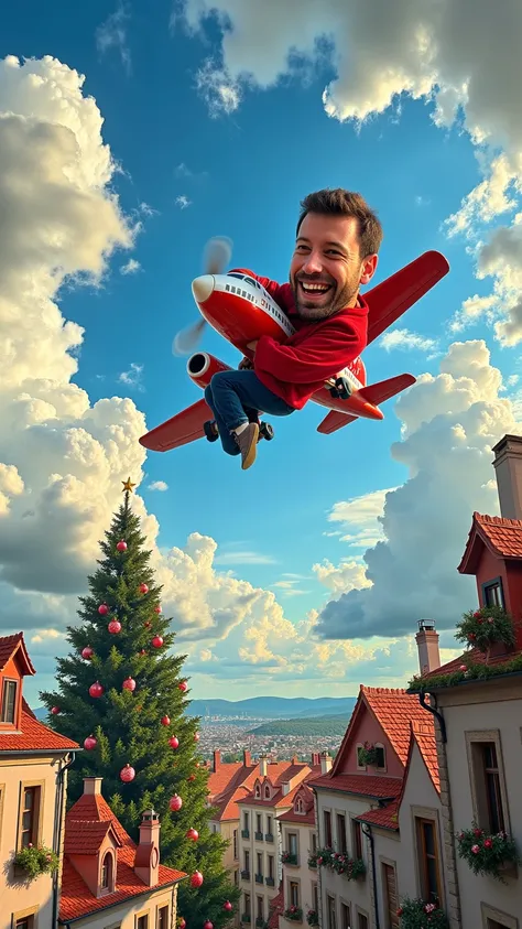 A whimsical caricature of a man hugging an airplane mid-flight. The airplane soars through a picturesque sky filled with fluffy, vibrant clouds. The scene is viewed from above, revealing a charming French village below, adorned with festive Christmas decor...