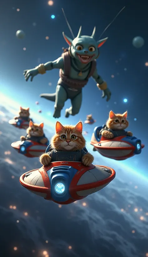 make 4 pictures of cute outer space cats riding spaceships being chased by aliens (also make a full body alien) Realistic aesthetic full body HD 4K quality