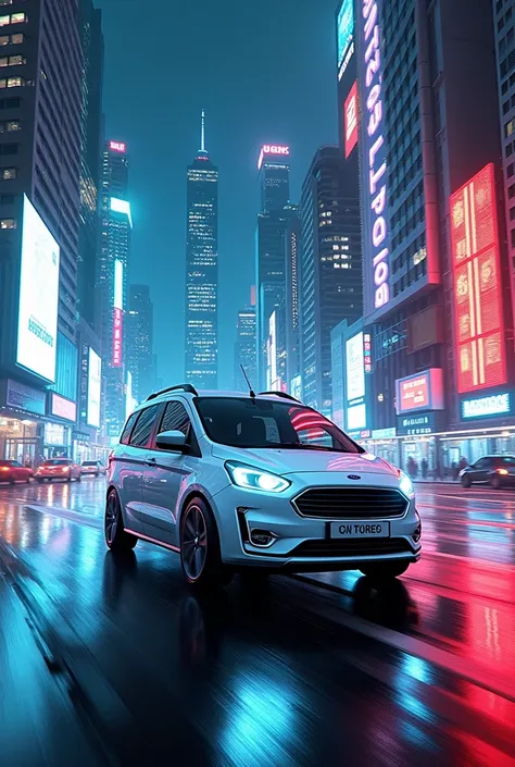 White Ford tourneo courier in cyberpunk city with blue and red neon light 

