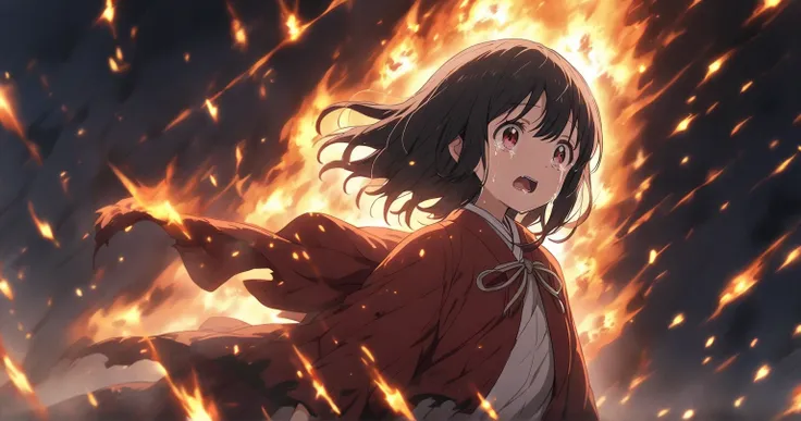 Girl walking crying in flames　Burning Village　fire　anime