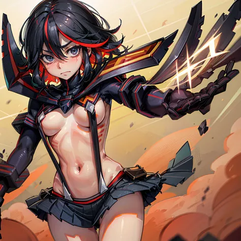  ((masterpiece)), (((best quality))), ((ultra-detailed)), detailed face, ultra cute face, detailed body, ((1girl)), ((solo)), matoi_ryuuko:1.3,embarrassed, black hair, fluffy hair, suspenders, multicolored hair, skirt, short_hair, red hair, streaked hair, ...