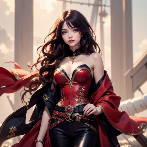 The female pirate lord’s attire exudes boldness and seduction. She wears a fitted crimson corset with intricate gold embroidery of skulls and waves, laced with black satin ribbons and featuring a plunging neckline that highlights her confidence. Over her s...