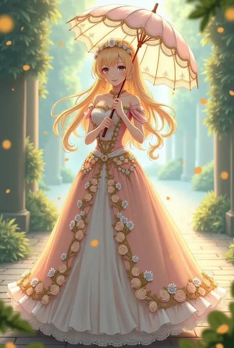 A anime girl with blonde hair wearing a beautiful princess dress has a umbrella 