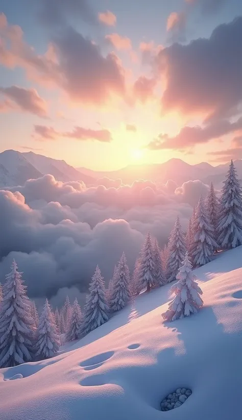  super real な雪景色　 Spectacular and Realistic Nature 　 Brilliant Realistic Sunburn　Fantastic Sea of Clouds 　 no people　 super real 　Ultra-high resolution　 super high quality　 Super Detailed 　Fantastic　 super high resolution　8k