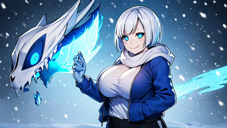 Toby Fox Undertale Sans Blue Jacket , Fire Eyes Skull Smile White Short Hair Luminous Face Blue Dragon Bone Cannon One Person Standing In Snow Town Femininefull Super huge big breasts breast enlargement