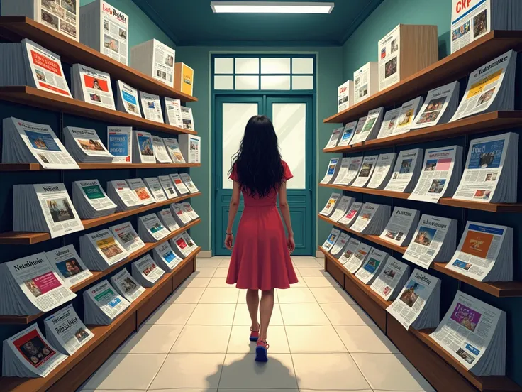 Give a picture to show this scene: "Picture yourself (a girl) walking into a media display/shop. You have newspapers, TV channels, Facebook feeds, and YouTube videos spread out before you." (note: famous news channels, youtube channels, newspapers should b...