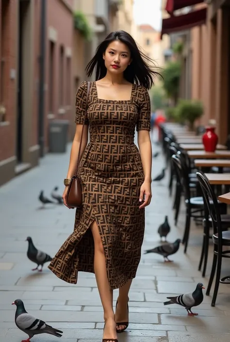 
A beautiful curvy Korean woman walking on the streets of an old European city. She is wearing a brown midi dress with a Fendi brand motif with the FF symbol written in black font. The dress has a square neck and short sleeves with thin black stripes on th...