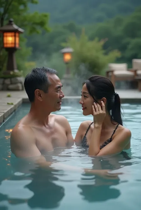 "A Japanese middle-aged couple, a 40-year-old man and a 50-year-old woman, sit in an outdoor hot spring at a secluded mountain inn. The man leans back with his arms resting on the edge of the spring, his gaze meeting the woman’s as she gently brushes her d...