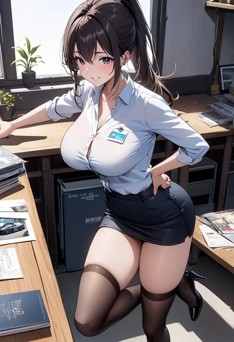  best quality、 Ultra Precise 、Detailed drawing、 vibrant colors、alone、Beautiful girl 、Age 30、Car Shop、table、Beautiful big boobs、 business suit、 shirt that seems to break、Name tag、 Mini Skirt、 black stockings、 high heels、Catalog book in hand 、smile、Beautiful...