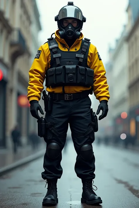 Imagine a highly realistic image of a policeman, his figure outlined against a softly blurred cityscape backdrop. He is adorned in a uniform that marries the stark contrast of black and yellow, a visual symbol of his authoritative role. His gloves, footwea...