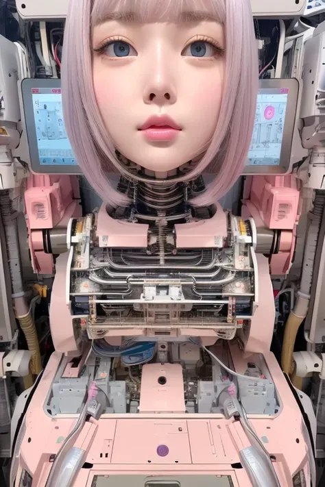 masterpiece, best quality, extremely detailed,portrait,front view,Japaese android girl,Plump,pastel color uniform, control panels,android,Droid,Mechanical Hand, Robot arms and legs,Blunt bangs,long tube,thick cable connected her neck