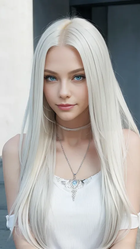 22 year old white female、Hair color is platinum blonde、blue eyes、long hair、straight hair、accessories on wrist、I&#39;m wearing a choker、skin is smooth、smile、Slender but muscular body、My heart is pounding、smile、wearing a plunging neck dress、wearing red high ...