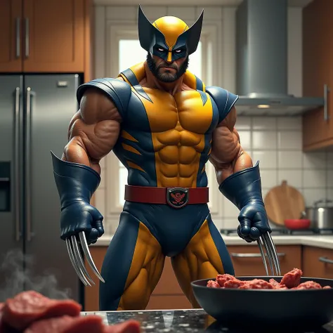 Realistic wolverine Stand in kitchen and cooking meat wolverine wear a wolverine costume 