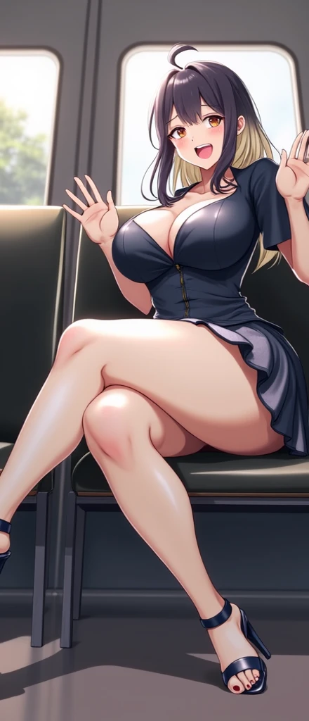 High school girl with large breasts,  thick thighs , low-cut short sleeve blouse,  Very short miniskirt , excited, blonde