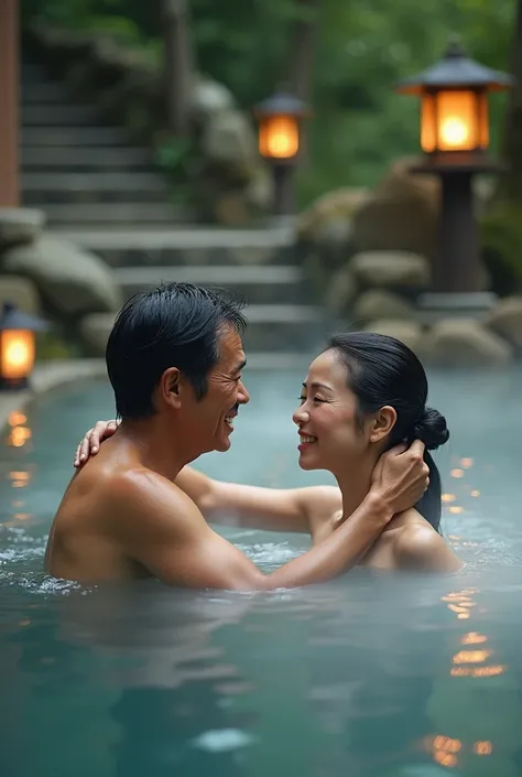 ((( real、Realistic、live-action)))"A Japanese middle-aged couple, a 40-year-old man and a 50-year-old woman, sit in an outdoor hot spring at a secluded mountain inn. The man leans back with his arms resting on the edge of the spring, his gaze meeting the wo...