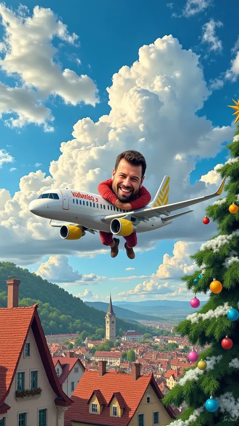 A whimsical caricature of a man hugging a Vueling airplane mid-flight. The airplane is white with yellow details, soaring through a picturesque sky filled with fluffy, vibrant clouds. The scene is viewed from above, revealing a charming French village belo...