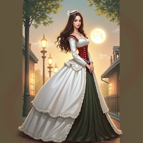 Noble ladies fashion full body in Victorian Era dress red, blue, green a conservative full body pose of a 1910 woman wearing a small hat and business attire and a long skirt , standing in a dark alleyway with gas lighting, a full moon in the background, be...