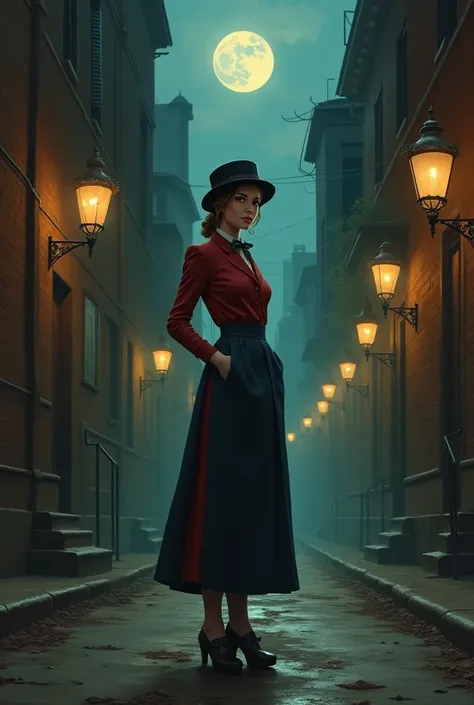 Noble ladies fashion full body in Victorian Era dress red, blue, green a conservative full body pose of a 1910 woman wearing a small hat and business attire and a long skirt , standing in a dark alleyway with gas lighting, a full moon in the background, be...