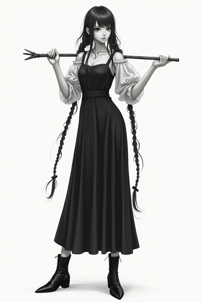 draw a European-type girl with a stick, the girl has long thick dark braided hair, the girl is wearing a straight-cut black satin dress with straps, a short translucent longsleeve is worn over the dress, and she is wearing black boots, detailed image, Hair...