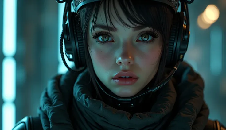 detailed digital cyberpunk illustration of a female AI intelligence officer, highly detailed face, penetrating eyes, strong facial features, wearing a dark uniform, high-tech futuristic satellite communication device, advanced smartphone, Elon Musk, cinema...