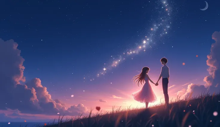 A highly detailed anime-style illustration inspired by the song "Starry Vows," capturing a romantic and ethereal atmosphere under a starlit sky. The scene features a couple standing together on a quiet hilltop at night, surrounded by a breathtaking view of...