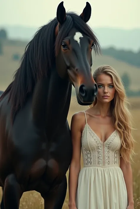 Cheval Frison + Blonde woman with blue eyes 