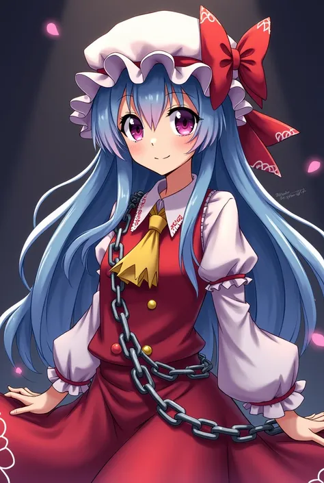 a picture taken from a anime with a chain around her, from touhou, touhou project official artwork, madoka magica, alchemist girl, in no game no life, anime land of the lustrous, touhou character, magical girl anime mahou shojo, albedo from the anime overl...