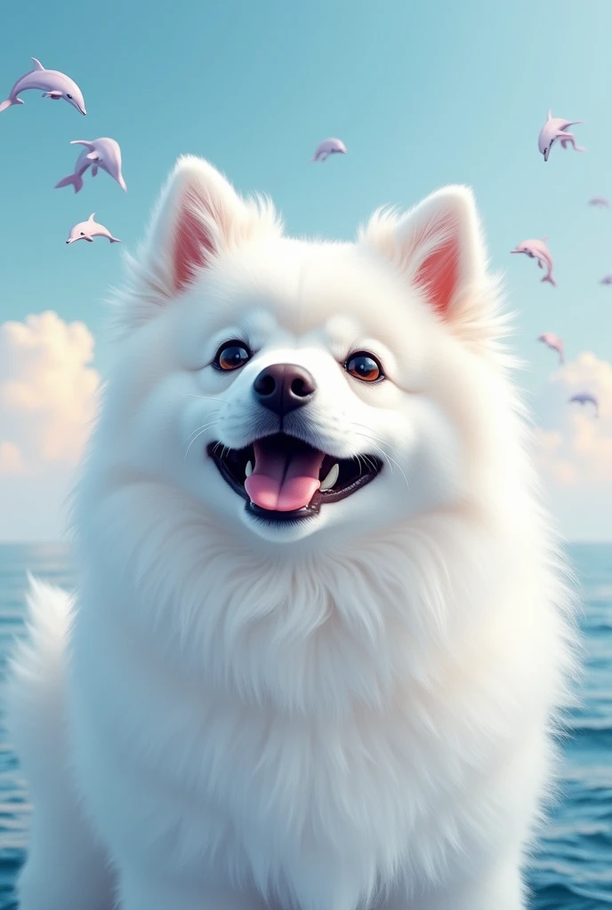 Best Quality, High Quality, reality, About the dog An adult Japanese Spitz dog , The corners of the mouth are raised and they look smiling ,Pure white coat color , Fluffy and soft coat ,Tilt your head,  spitz floating in the night sky , dolphins flying in ...