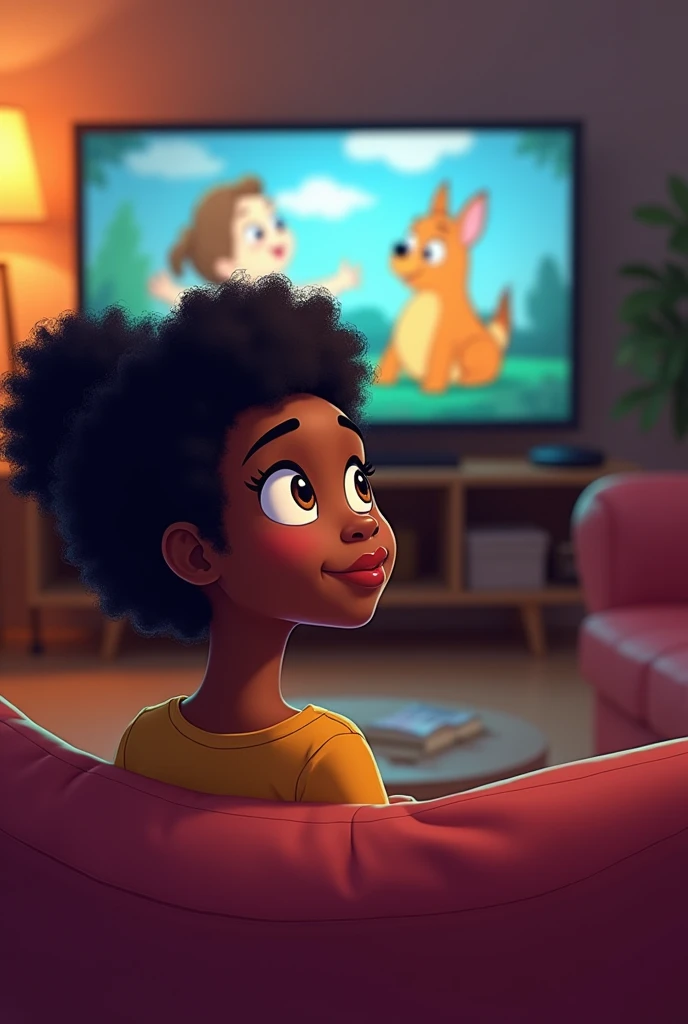 Une très belle femme afro devant la télé est entrain de regarder la télé cartoon style