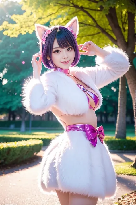 ultra sexy female, (-anime), only 1 female, very short hair, beautiful smile, lipgloss, long lashes, defined eyebrows, magical girl cosplay, fluffy fur vivid colors outfit, cosplay accessoires, look at the camera, cinematic light, large park background wit...