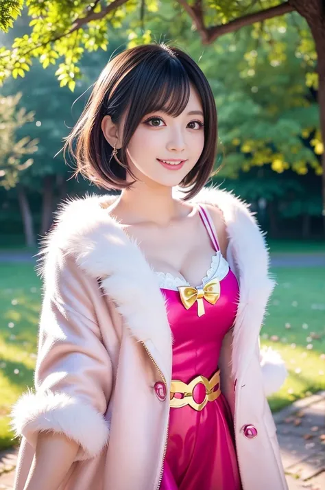 ultra sexy female, (-anime), only 1 female, very short hair, beautiful smile, lipgloss, long lashes, defined eyebrows, magical girl cosplay, fluffy fur vivid colors outfit, cosplay accessoires, look at the camera, cinematic light, large park background wit...