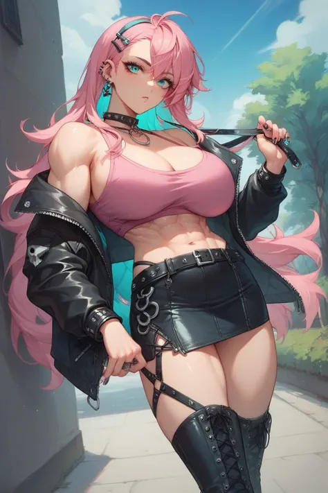 anime, alternative girl, emo girl, oval face, cyan eyes, extremely long hair, cyan hair and pink hair, pink crop top, black leather jacket, large breasts, muscular and slim body, black skirt, cyan socks, black thigh high boots, outside, following her