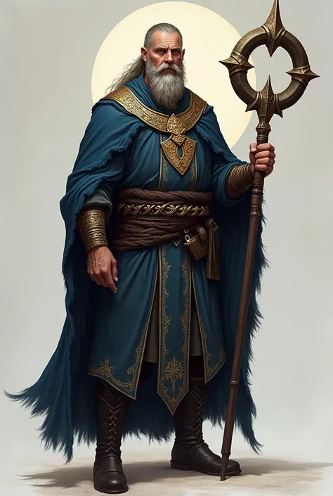 a man between forty and fifty years old .  tall enough wide of shoulders sturdy with a bit of a belly .  thick goatee long hair enclosed in a grizzled tail. He is a cleric ,  in his hand he has a Morningstar and wears a dark dark blue tunic with gold inlay...