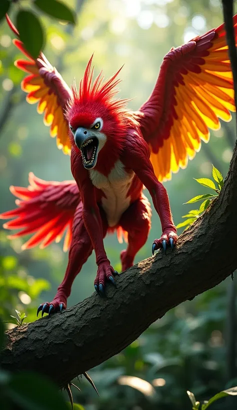  An ultra-realistic hybrid creature ,  resulting from the fusion of a ferocious dog and a red macaw ,  with characteristics of both mixed in an impressive way .  Its body is muscular and robust like that of a dog ,  but with bright red feathers scattered a...