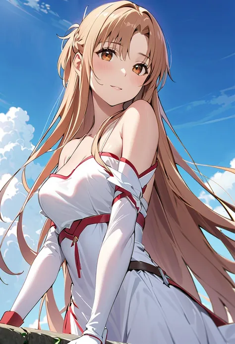 ((  Masterpiece )),   best quality ,  very detailed,( one girl),Yuki Asuna、Asuna (Stay),  Brown Eyes , Bare shoulders, breastplate, armor,  sleeve removed, Gloves, white Gloves,  dress, (red and white  dress),  long hair, Beautiful background ,Clothing,  C...