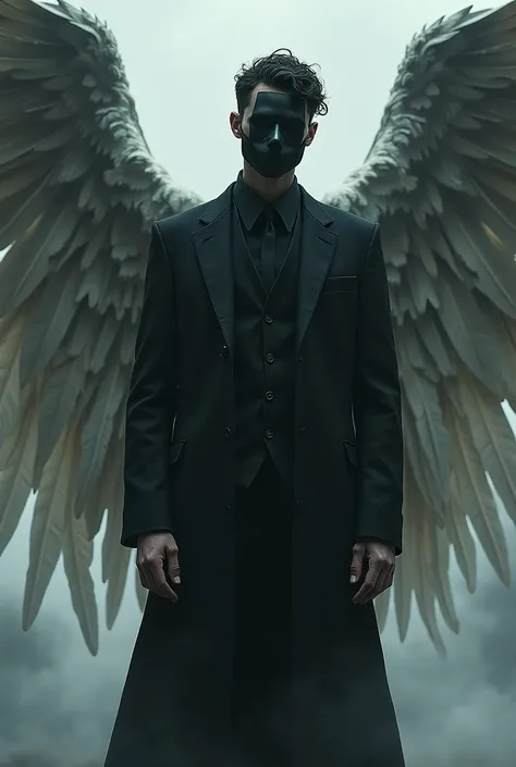  imagine a young man like a fallen angel , well dressed, with large, greyish wings samples ,  half open with a mysterious black mask on the faceless face,  wings apparent in a large image in front of you  