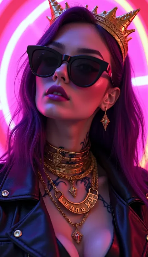  Alternative girl,  looking over black sunglasses , jacket, collar,  neon light reflections on the skin, earring, makeup,  skin imperfections , Long purple hair pink and purple flying saucer background with golden armor filled with gold jewelry of purple l...