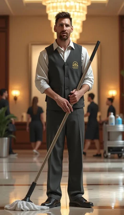 the famous Lionel Messi depicted as a hotel employee in the United States, humbly working as a janitor. The character is in the spacious lobby of a modern hotel, with shiny marble floors, hanging crystal chandeliers, and an elegant reception in the backgro...