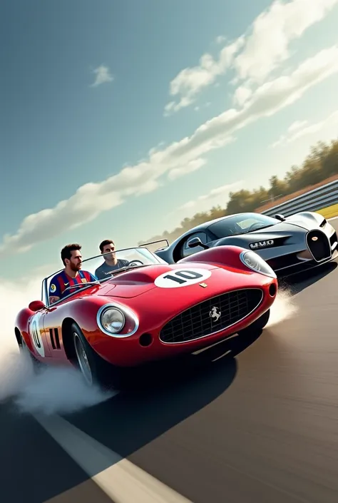 

"Race track scene,Lionel Messi and Cristiano Ronaldo in an intense race on a professional racing track. Messi is driving a red Ferrari 335 S Spyder Scaglietti, dressed in a classic Barcelona jersey with the iconic number 10 on his back. Ronaldo, driving ...