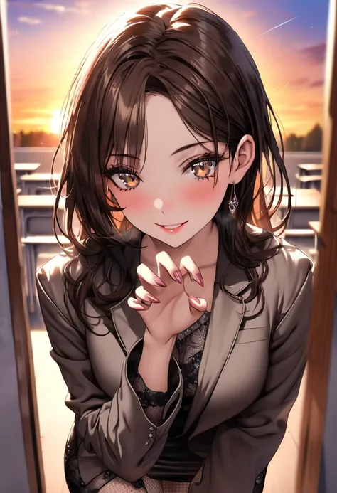 (( best quality)), ((masterpiece)), ( Details), (1 girl), 1woman in, 25years old,Solo,school girl, Long hair, Brown hair, Detailed beautiful face, alluring face, (Detailed beautiful brown eyes:1.2), medium breasts,(loose suit, sheer pencil Skirt :1.35), ( ...